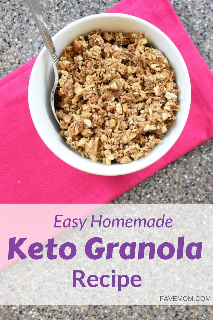 Easy to make Homemade keto granola recipe that is grain-free, (no oats) includes coconut, nuts and cinnamon.  Get the recipe and make it at Favemom.com