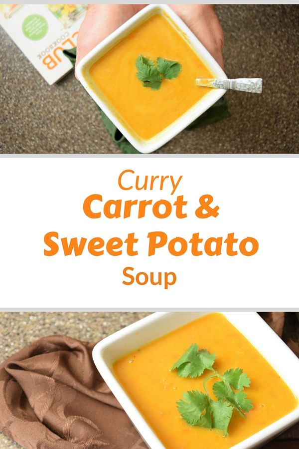 Easy Healthy Sweet Potato Soup with curry and carrots recipe inspired by the Soup Club Cookbook. Plus why I never joined such a club. #currysoup #cookbookclub #soupclub
