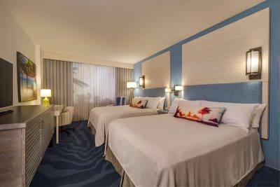 The simple, but spacious guest rooms of the Universal Orlando Sapphire Falls resort