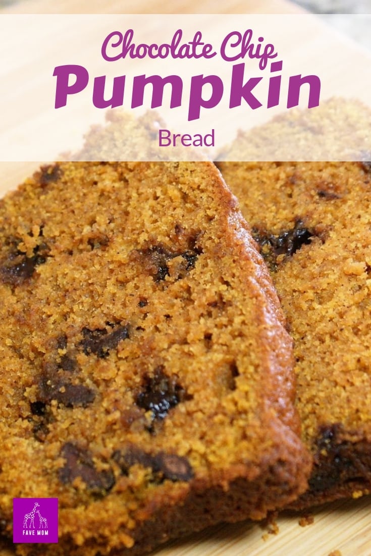 Make this moist and easy to prep Pumpkin Chocolate Chip Bread recipe.  This is a staple fall recipe for deliicous fall desserts.  #favemom #fallrecipes #foodfod #pumpkinrecipes #chocolatechiprecipes #easypumpkinbread