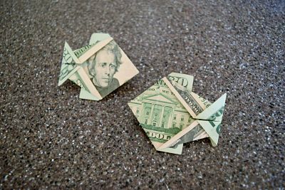2 $20 bills folded into fish by origami foodie