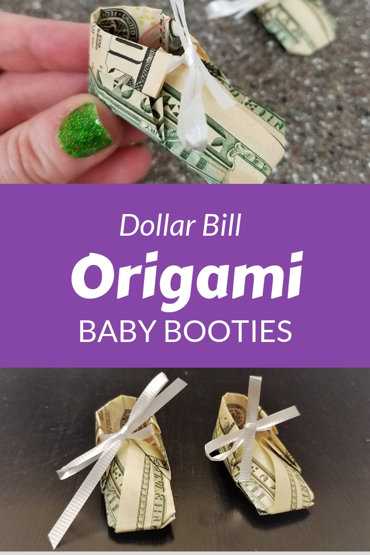 collage image of dollar origami baby booties from various angles on a black surface.  